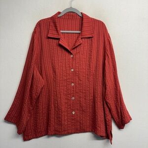 Fridaze Red Orange Button Down 100% Linen Blouse‎ 2x Stripe